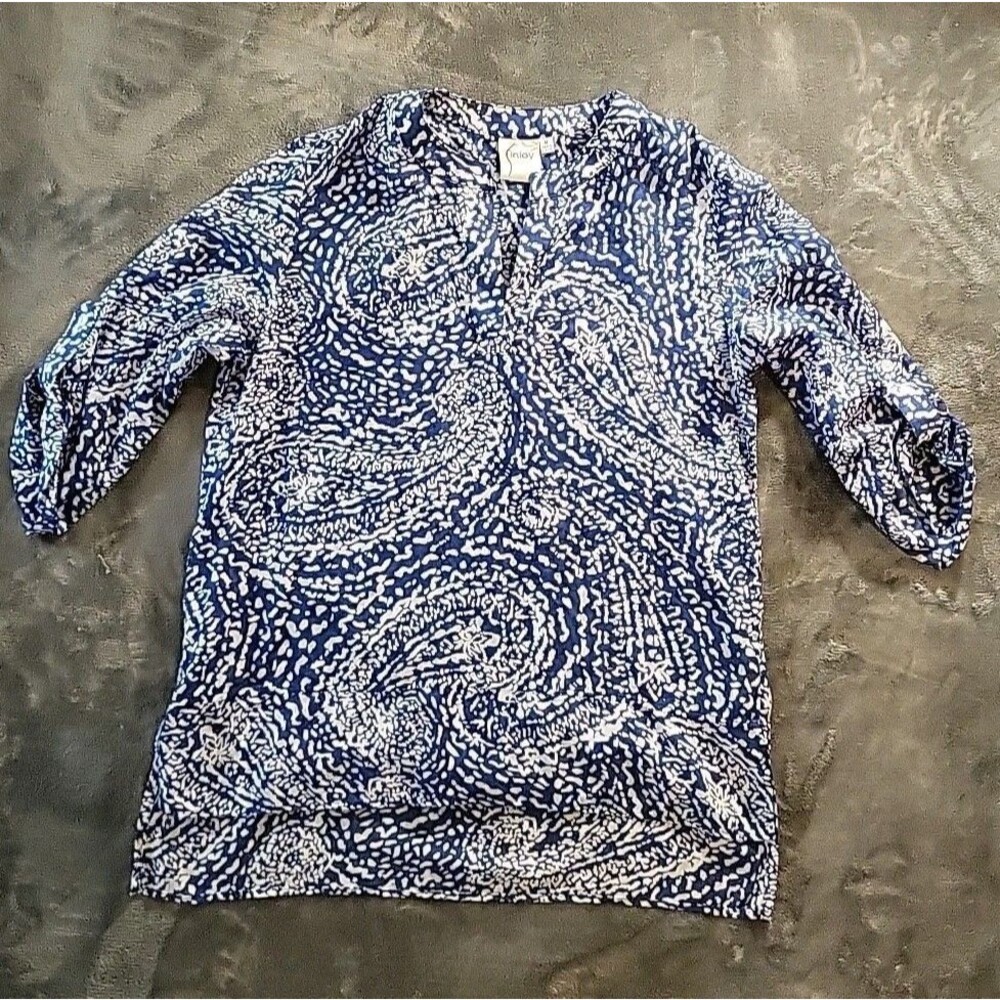 Finley CARLEY Tunic Top Blue White Paisley Womens M Roll Tab Sleeve Logan Look